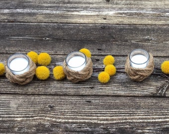 Jute Tea Light Votive or LED Candle Holder for Nautical Beach Patio, Country Farmhouse Rustic Decor, Gift for Her Wedding Decor