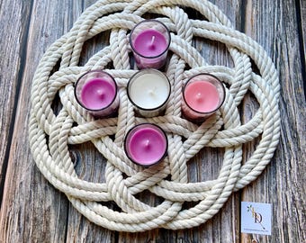 Advent Wreath Centerpiece, White Cotton Rope tied in Coastal Knot with Five Votive or LED Candles,  Beach, Modern Farmhouse, Natural Decor