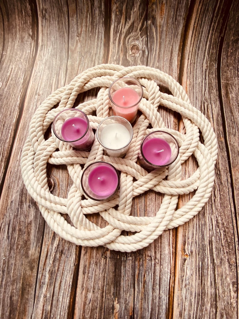 Candle Rope Advent Wreath Centerpiece, White Cotton Rope Tied in Coastal Knot With ...
