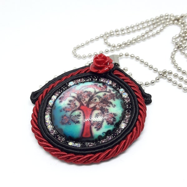 Long necklace, soutache pendant, tree of life, red and black medallion