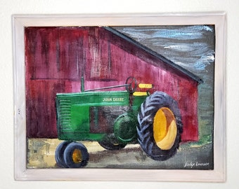 Original Hand Made Screen Art "John Deere Tractor" 16x20" framed screen art