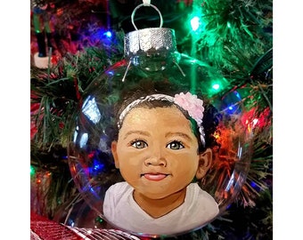 Professionally Hand Painted Portrait Acrylic Paint on Clear Plastic Disk Ornament. Weddings, babies, family portraits, memorials, pets