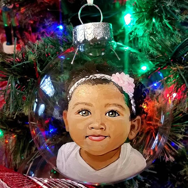 Professionally Hand Painted Portrait Acrylic Paint on Clear Plastic Disk Ornament. Weddings, babies, family portraits, memorials, pets