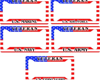 Veteran License Plate frame - Aluminum American flag Navy, Air Force, Marines, Army, Coast Guard