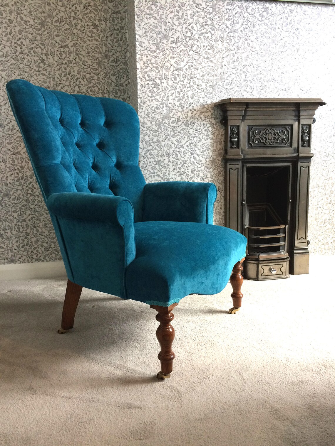 Mimi Teal Velvet Upholstered Armchair Hand Crafted in England Etsy UK