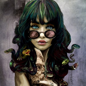 May include: A woman with long, dark green hair and round pink sunglasses. She has a tattoo of a man's face with snakes wrapped around it. The tattoo says "H.W.H." on the hand.