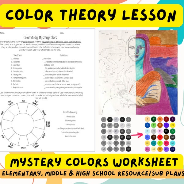 Color Theory Study : Mystery Color Worksheet / Sub plans / Art lesson / Color by Number / Coloring