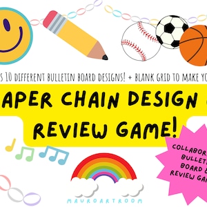 Puede incluir: Un conjunto de tablero de anuncios de diseño de cadena de papel y juego de revisión, de color amarillo y negro. El conjunto incluye 10 diseños diferentes y una cuadrícula en blanco para hacer el tuyo propio. La imagen también incluye una cara sonriente, un lápiz, una pelota de béisbol, un balón de fútbol, un balón de baloncesto, notas musicales y un arcoíris.