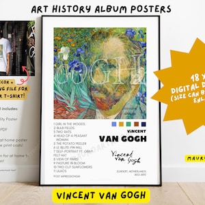 Pode incluir: Um cartaz digital para download que apresenta uma pintura do autorretrato de Vincent van Gogh com um fundo de íris. O cartaz mede 45,72 x 60,96 cm e inclui uma paleta de cores, o nome do artista e o título "Vincent van Gogh".