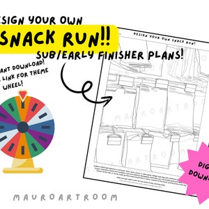 Può includere: Un download digitale stampabile per un gioco di corsa agli snack. Il design include una ruota con sezioni colorate e un contorno in bianco e nero di un tabellone di gioco con spazi per gli snack. Il testo "Design Your Own Snack Run!" è in un riquadro giallo nella parte superiore dell'immagine.