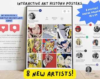 May include: Interactive art history posters for an art room or gallery walk game.  The posters feature 8 different artists, including Roy Lichtenstein, Yayoi Kusama, Gustav Klimt, Andy Warhol, Jackson Pollock, David Hockney, Alma Thomas, and Georgia O'Keeffe.  The posters are 18 x 24 inches.