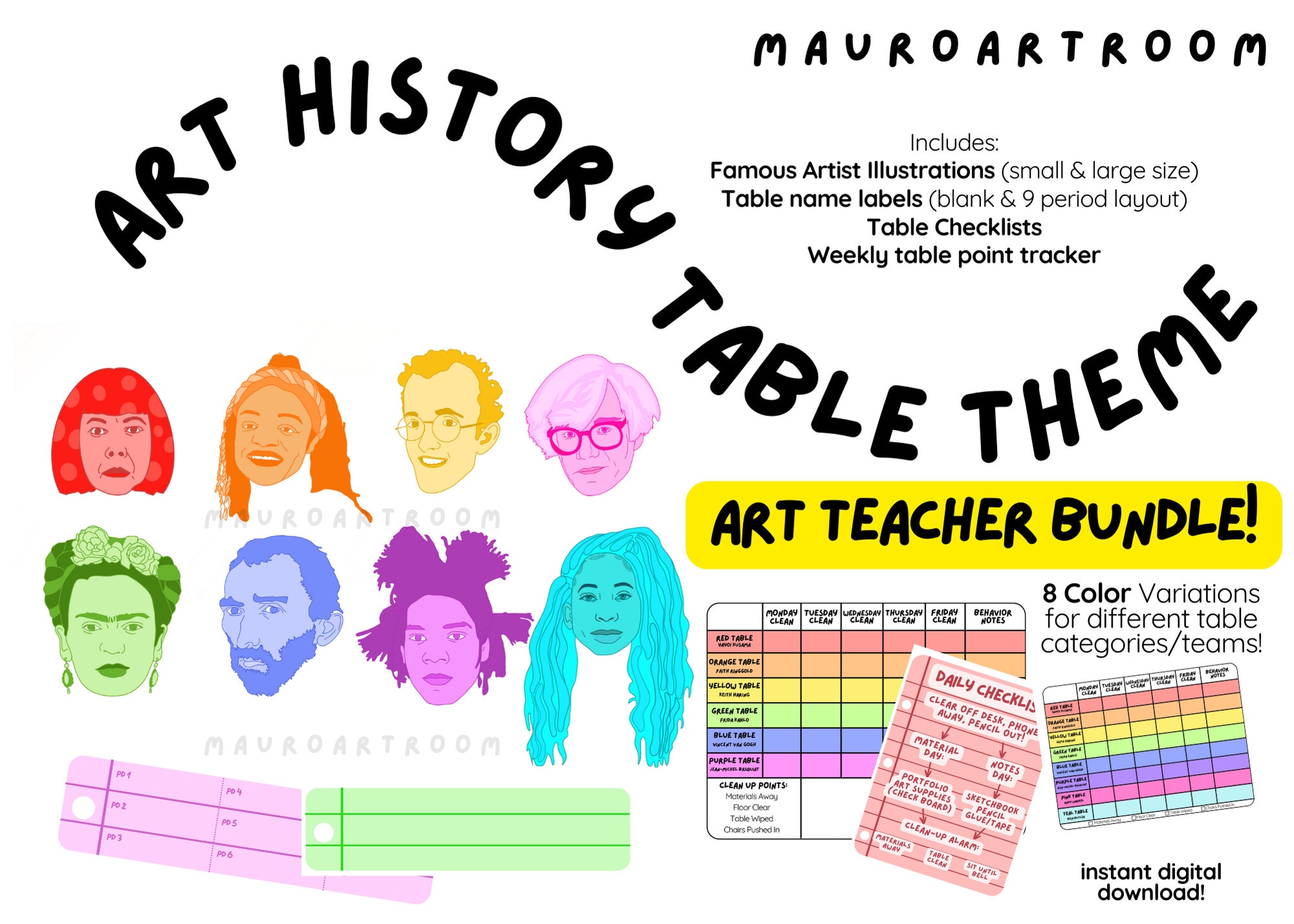 Art History Inspired Classroom Table Theme BUNDLE - Art Teacher Classroom Organization - Digital Download - MauroArtRoom