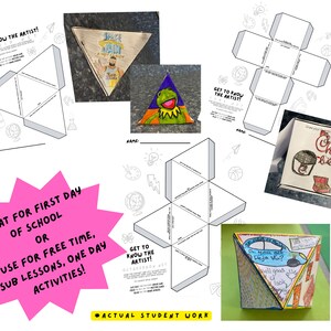 May include: A collection of handmade paper pyramids and cubes, some blank and some decorated with drawings and text. The text includes "Get to Know the Artist!" and "Chick-fil-A." A pink starburst graphic reads "Great for First Day of School or Use for Free Time, Sub Lessons, One Day Activities!"