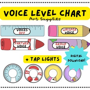May include: A colorful voice level chart for classrooms with a ruler, crayons, pencils, and tap lights. The chart includes different voice levels: Voices Off, Partner Voice, Group Voice, and Whisper Voice. The text "Digital Download!" is also included.