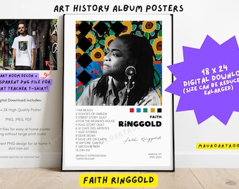 May include: A digital download poster featuring a portrait of Faith Ringgold, an American artist. The poster is in black and white with a colorful background. The text on the poster reads "Faith Ringgold" and lists some of her works. The poster is available in 18x24 inches.