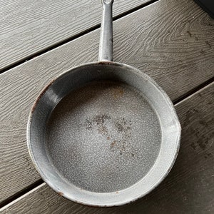 May include: A gray enamel cast iron skillet with a speckled finish and a single handle.