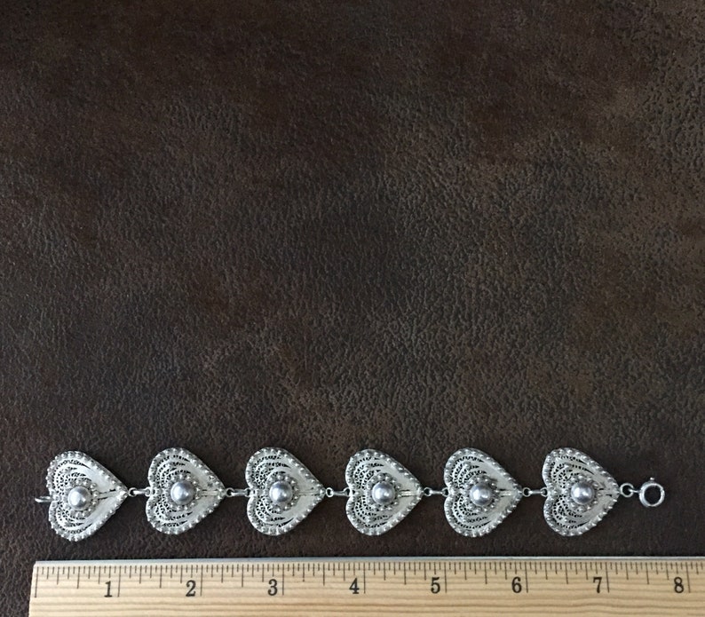 Vintage Sterling Silver Filigree Cannetille Hearts Bracelet