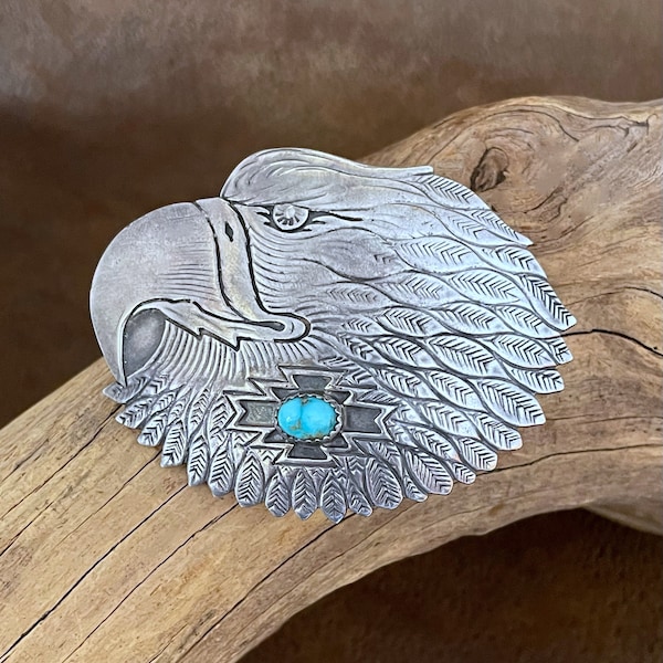 Vintage Freddy Charley Renowned Navajo Silversmith Sterling & Turquoise Eagle Head Belt Buckle