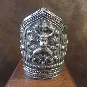 Vintage Sterling Silver Repousse Buddha Cuff Bracelet, Payment Plan Available