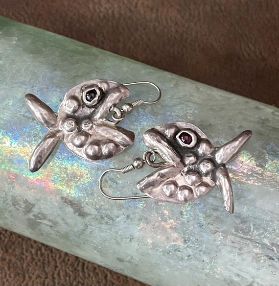 Vintage Signed Artisan Made Fish Earrings, Sterlin