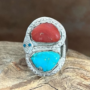 Bague serpent Zuni en argent sterling, turquoise et corail, taille 10,5-10,75
