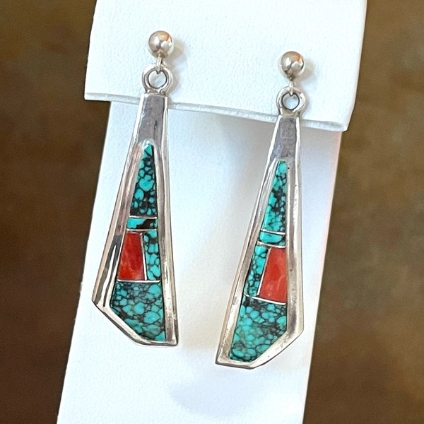 Vintage Signed Robert Johnson Navajo Sterling Silver, Turquoise and Spiny Oyster Inlay Earrings, 1 3/4" Long