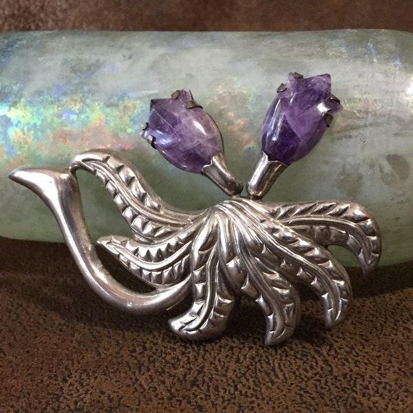 Vintage Pre-Eagle Spratling Era Solid Sterling Silver and Carved Amethyst Tulip Brooch, Payment Plan Available