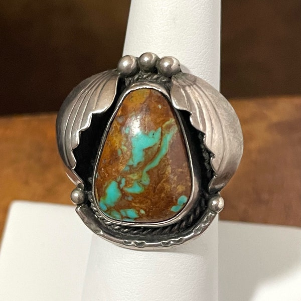 Vintage Charlie Singer Navajo Signed Sterling Silver & Turquoise Ring, Size 6.25