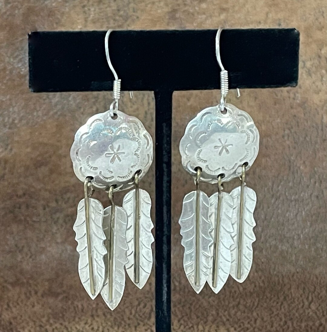 Vintage Mexico Silver Concho and Feather Earrings - Etsy