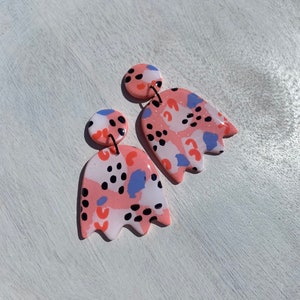 SALE Candy crush - large dangle resin earrings. Glittery fluro pink with bright orange white and blue detail.