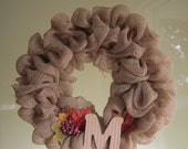 14 inch Monogram Fall Burlap Wreath, Leaves, Door Decor, Thanksgiving Wreath
