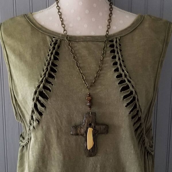 Warrior Woman Broken Shell Cross Necklace