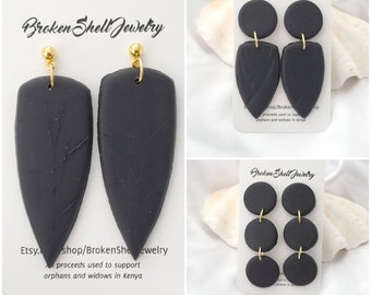 Polymer Clay Earrings, Black, Dangle, Drop, Stud