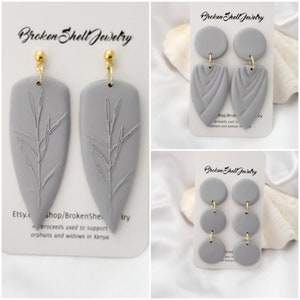 Polymer Clay Earrings, Gray, Dangle, Drop, Stud