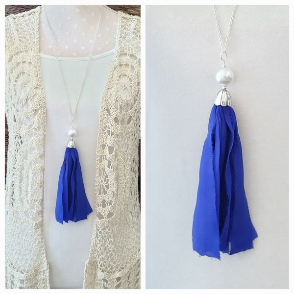 U.K., University of Kentucky, Royal Blue,  Tassel Necklace, Sari Silk, Fabric, Long Necklace