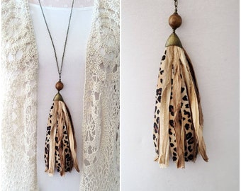 Tassel Necklace, Leopard, Sari Silk, Fabric, Long Necklace