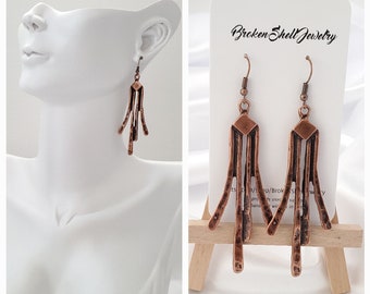 Copper Hammered Earrings, Metal, Geometric, Long