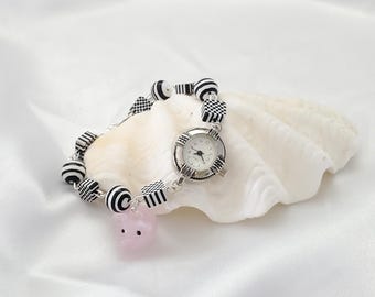 Beaded Wrist Watch, Woman, Black, Silver, Pig