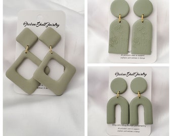 Earrings, Dangle, Drop, Stud, Statement, Clay, Sage, Green