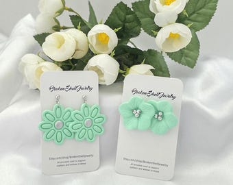 Flower Earrings, Mint, Stud, Handmade, Polymer Clay, Lightweight, Mint Green