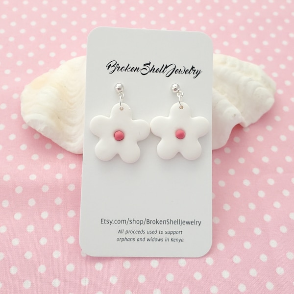 Flower Earrings, White, Pink, Daisy