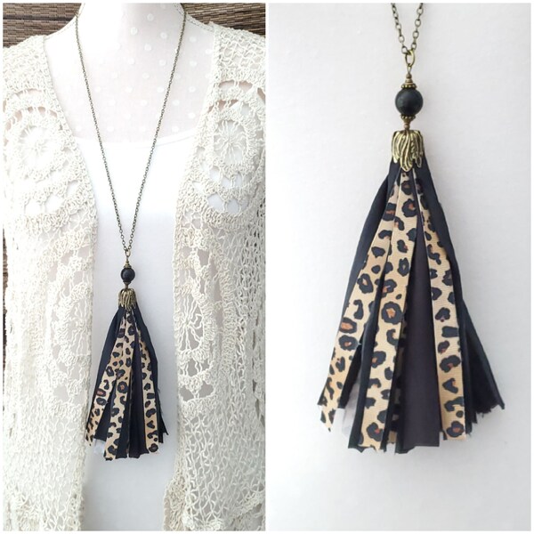 Tassel Necklace, Sari Silk, Fabric, Long Necklace Leopard, Cheetah, Black