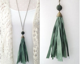 Tassel Necklace, Sari Silk, Silk Tassel, Fabric, Long Necklace, Green