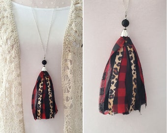 Tassel Necklace, Leopard, Buffalo Plaid, Cheetah, Fabric, Long Necklace