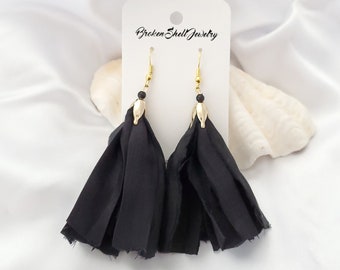 Tassel Earrings, Silk, Sari Silk, Dangle, Black