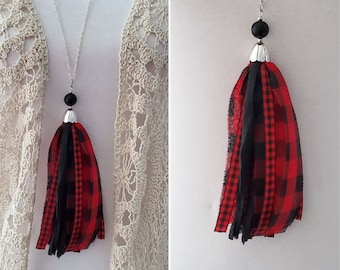 Tassel Necklace, Buffalo, Plaid, Check, Red, Black, Sari Silk, Fabric, Long Necklace