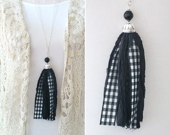 Tassel Necklace, Sari Silk, Fabric, Long Necklace, Black, White, Check
