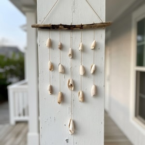 May include: A wall hanging mobile featuring a horizontal piece of weathered driftwood suspended by a thin string. Multiple strands of twine hang from the wood, each adorned with small, off-white seashells arranged in a cascading vertical pattern.