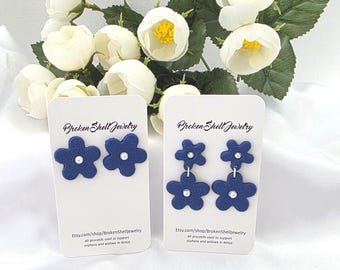Flower Earrings, Navy, Stud, Handmade, Polymer Clay, Lightweight, Blue