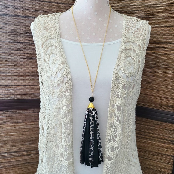 Sari Silk Beaded Necklace With Fabric Tassel Tassel Necklace, Sari